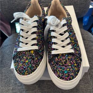 Betsey Johnson Black Multicolor Crystal Embellished Sneakers with White Soles